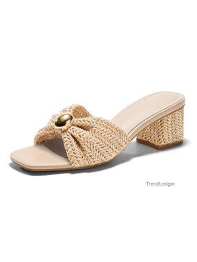 Coutgo Womens Raffia Low Chunky Block Heel Slide Sandals Square Open Toe